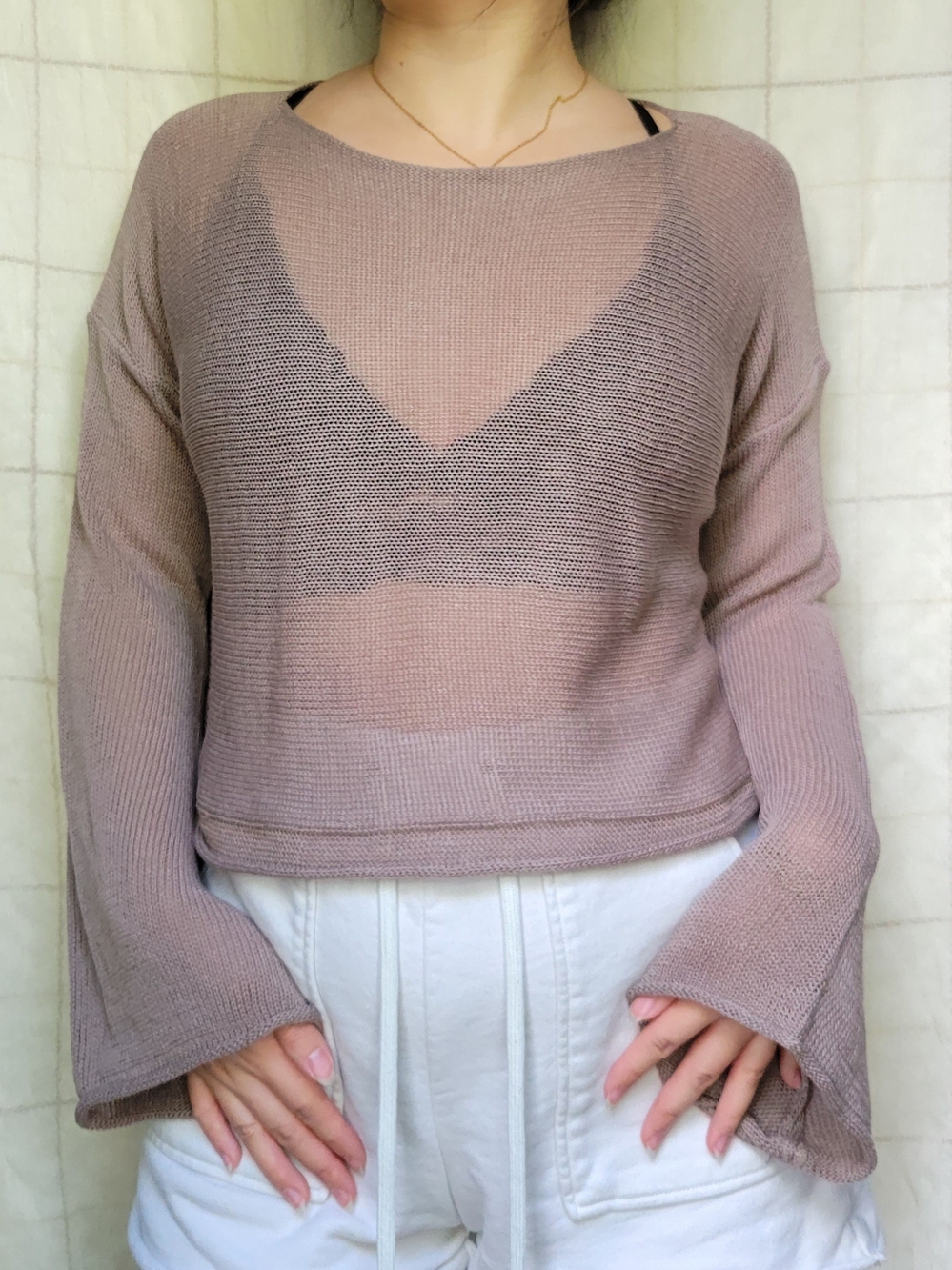 Sheer Long-Sleeve Brown Crop Sweater
